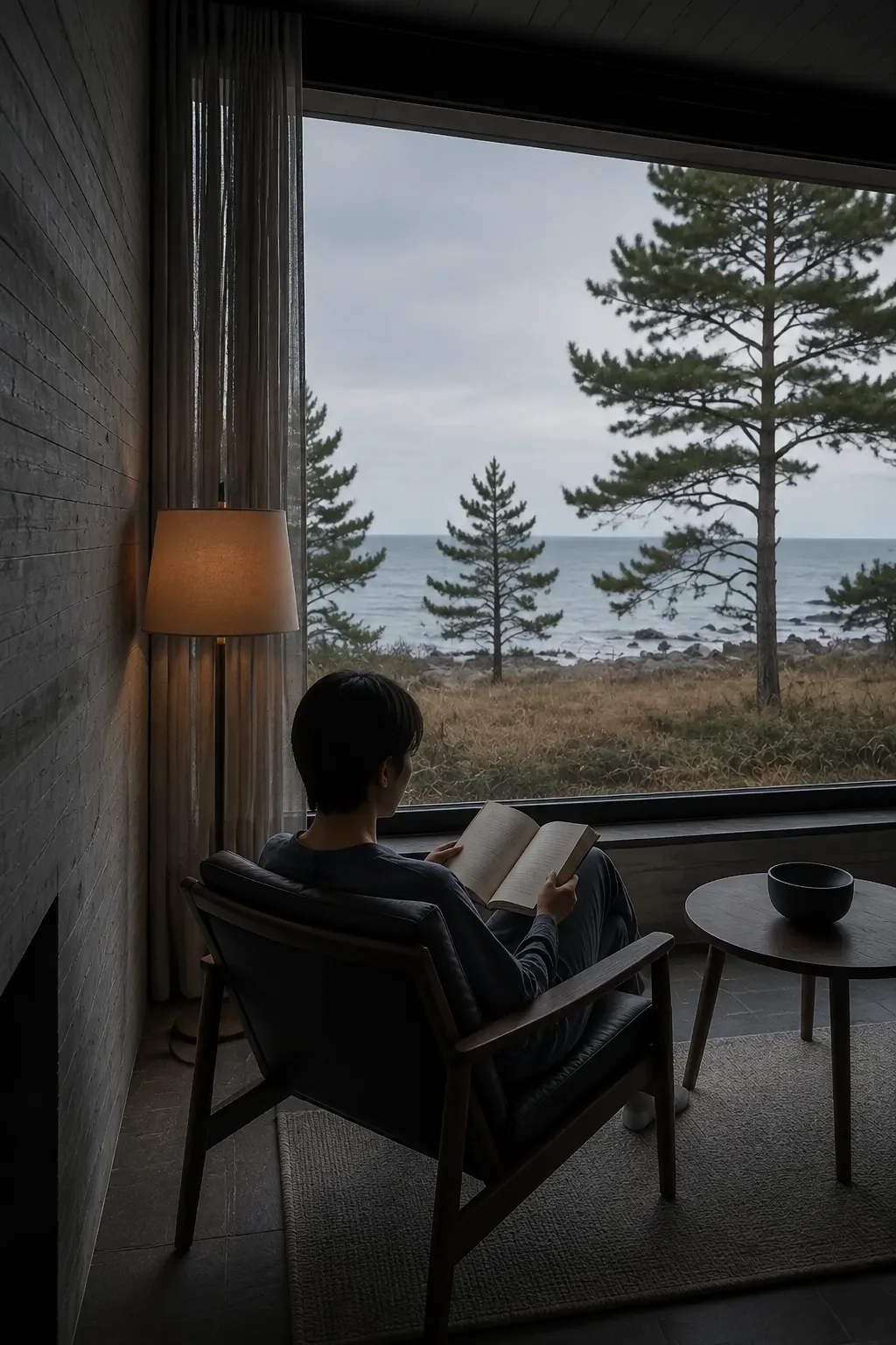 바다를 보며 책을 읽는 창가의 오후