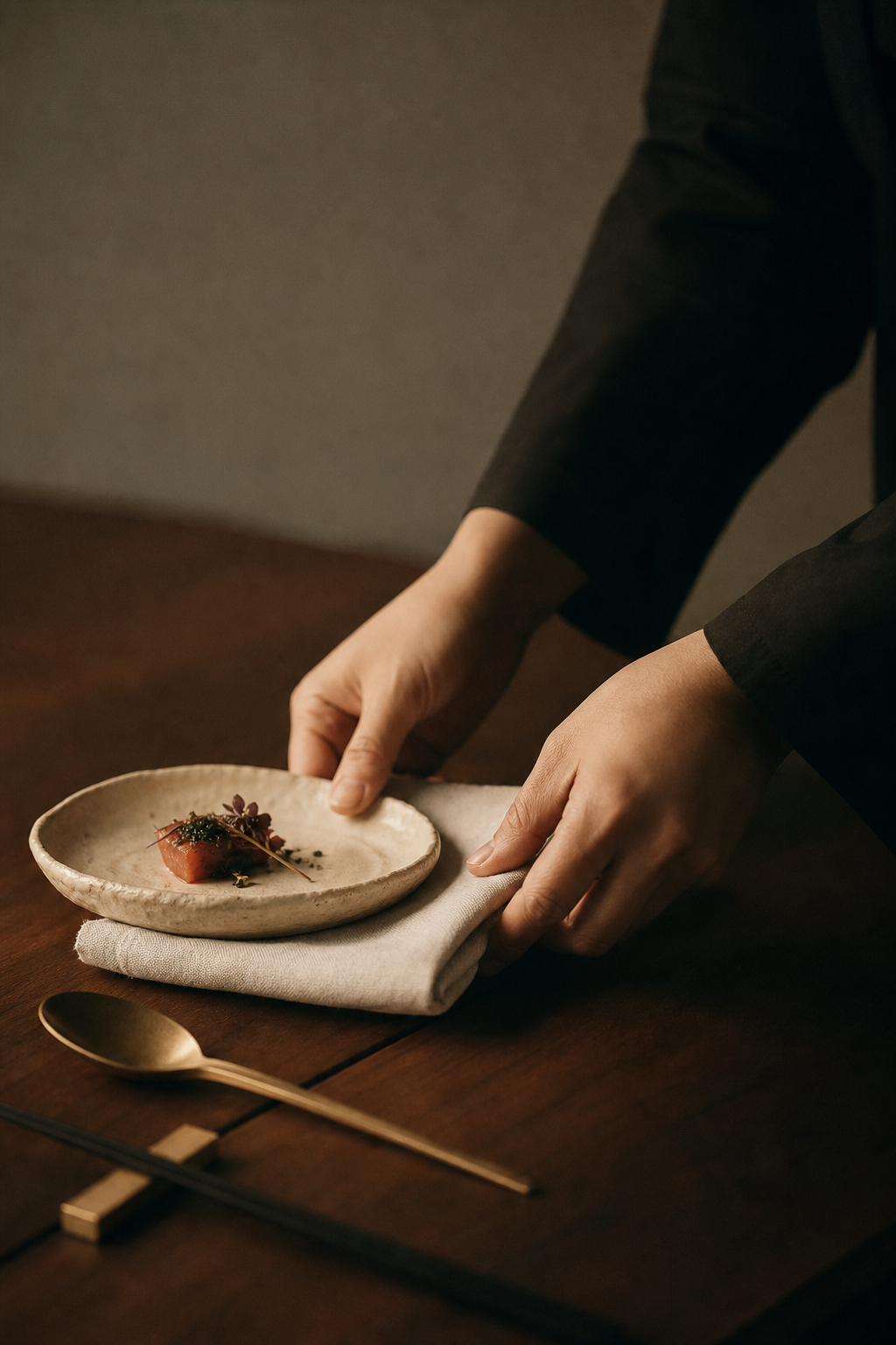 접시와 냅킨을 테이블에 놓는 서비스 장면