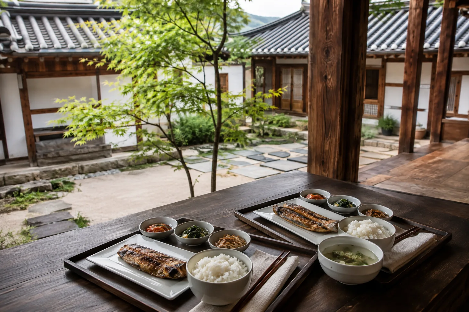 마루에 차린 두 사람의 한식 아침상